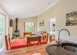 Ein gemütliches Zimmer mit Esstisch, Stühlen, einer Couch, einem Fernseher, einem Kamin und einem großen Fenster.