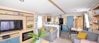 Stylish and modern 12ft-wide caravan with one double and one twin.