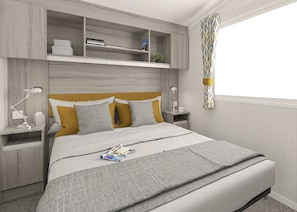 Ein modernes Schlafzimmer mit einem Bett, Nachttischen, einem Regal über dem Bett und einem Fenster mit Vorhängen.