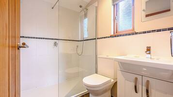 A bathroom with a glass-enclosed shower, a toilet, and a sink with a mirror above it.