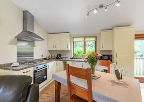 A modern kitchen with a gas stove, oven, and stainless steel range hood; a dining area with a table and chairs; and a window with a view of greenery.