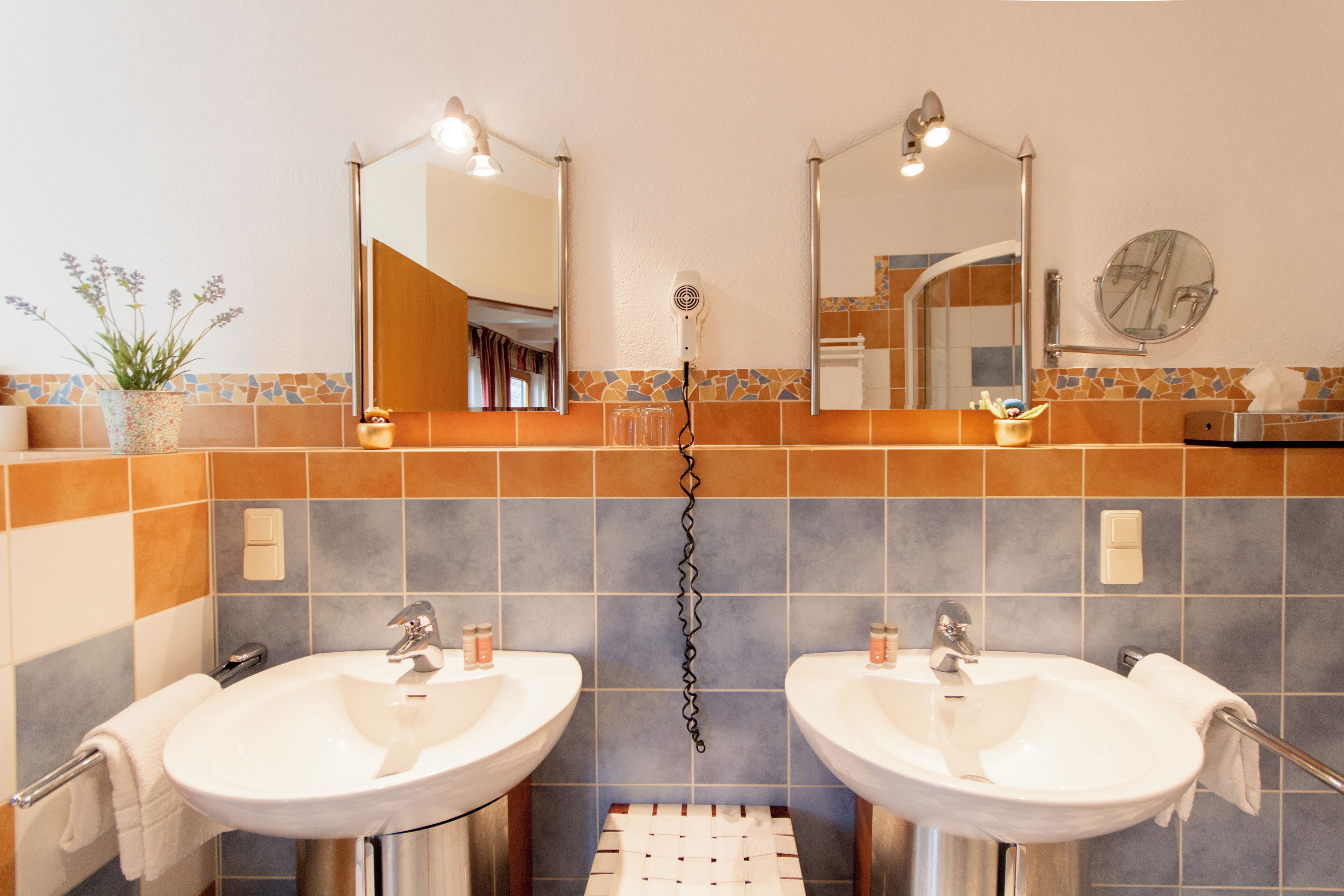 A bathroom with two sinks, a hairdryer, and a mirror.
