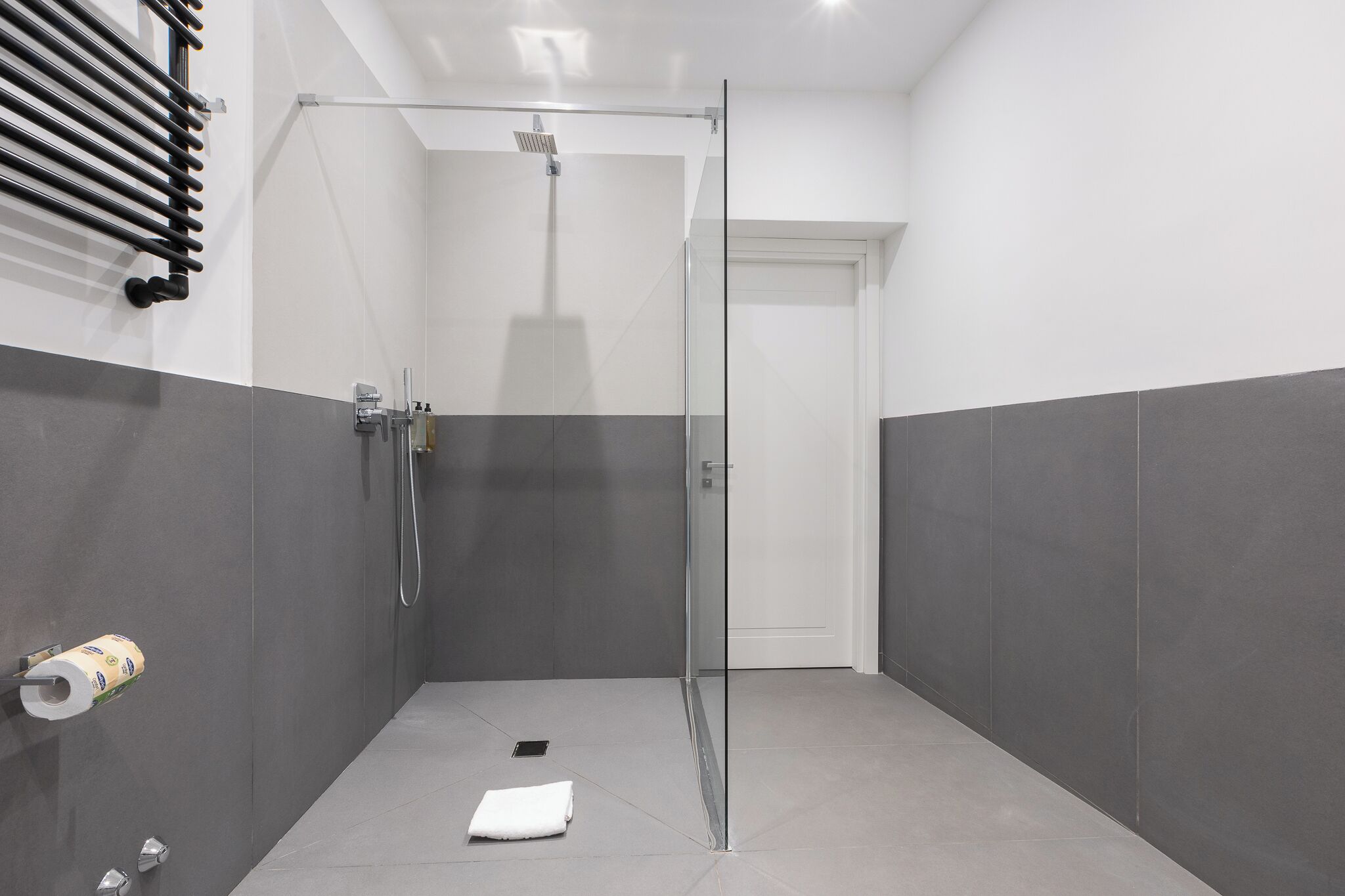 A modern bathroom with a glass shower enclosure, a towel rack, and a toilet paper holder.