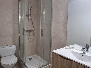 Ein modernes Badezimmer mit einer Duschkabine, einer weißen Toilette und einem Waschbecken mit Spiegel.