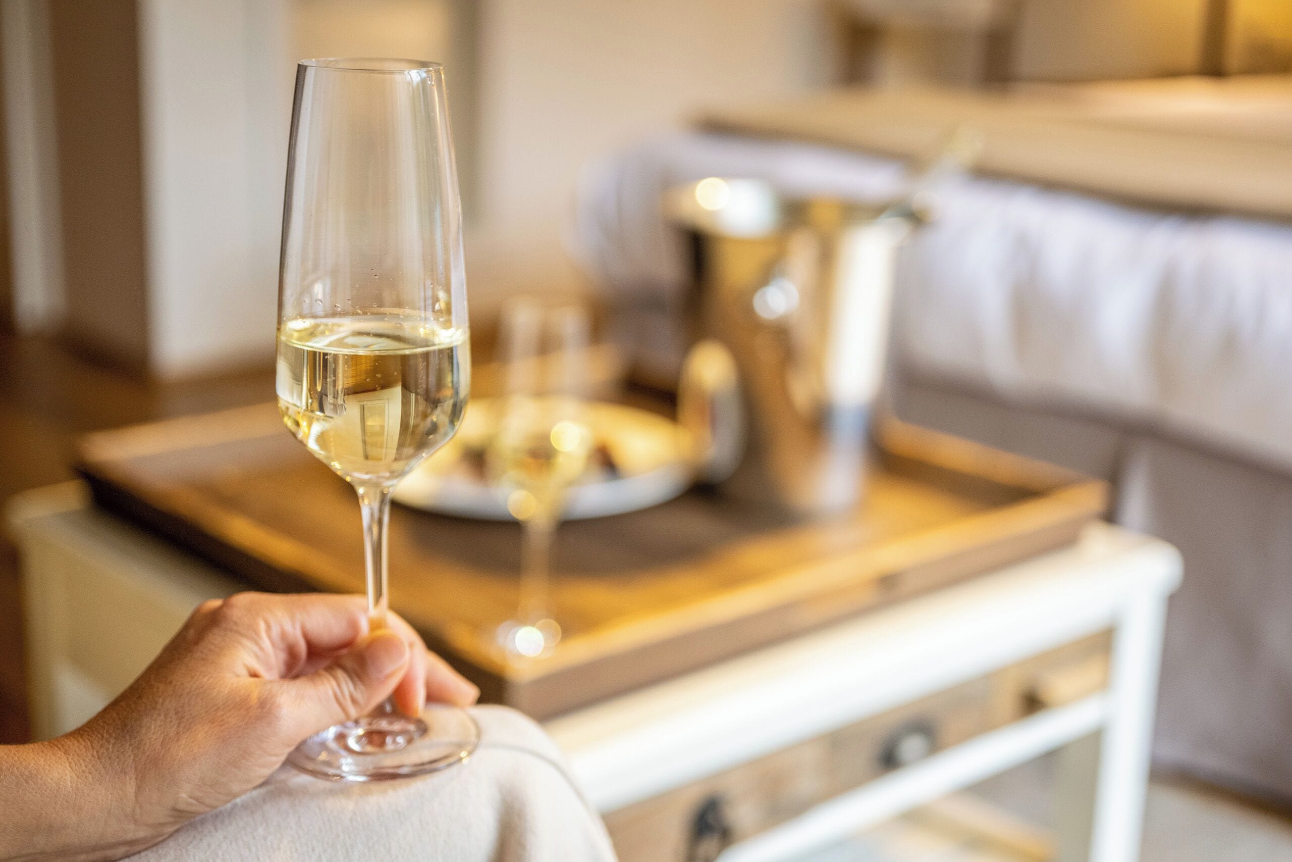 A hand holding a wine glass with a white liquid, a bottle of wine, and a tray with a plate of food in the background.