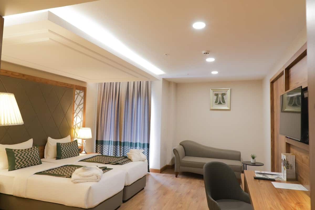 A hotel room with a large bed, two bedside tables, a sofa, a TV, and a small table with a plant.