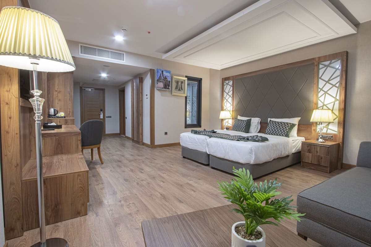 A modern hotel room with a bed, bedside tables, a desk, a chair, a potted plant, and a lamp.