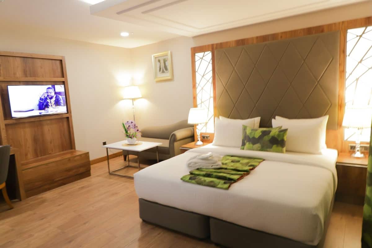A hotel room with a large bed, a television on the wall, a desk, and a chair.