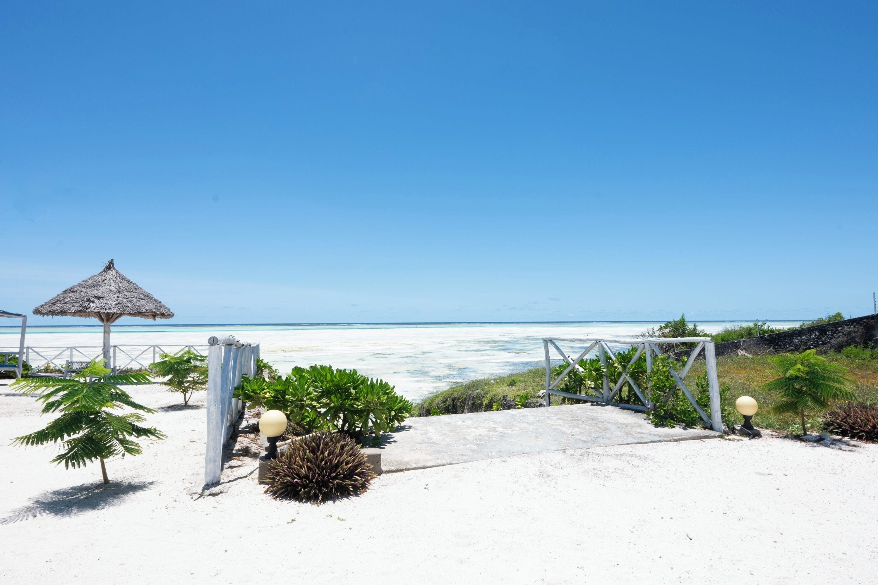 Ein Strand mit einem Reetdachschirm, Palmen und freiem Blick auf das Meer.