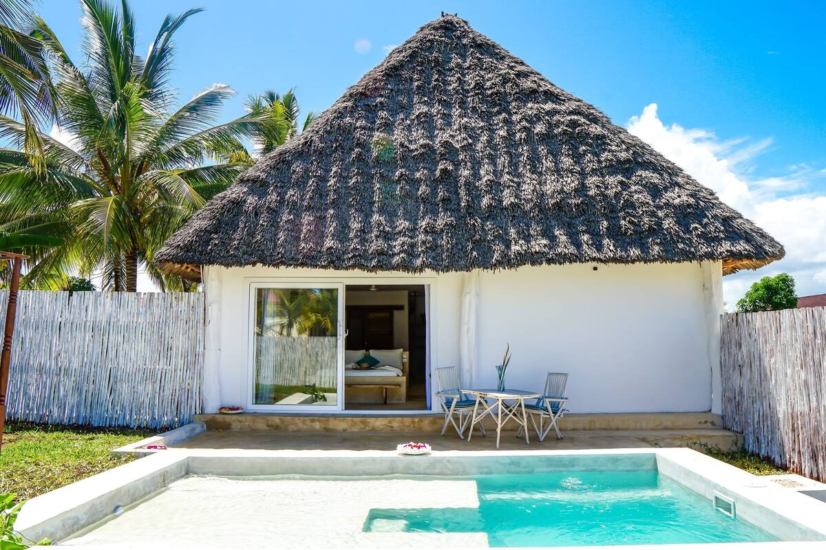 A house with a thatched roof, a pool, and a fenced backyard.