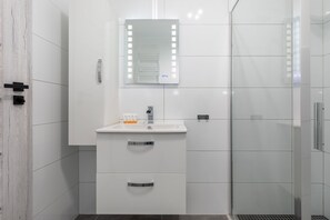 Dusche, Haartrockner, Handtücher, Shampoo