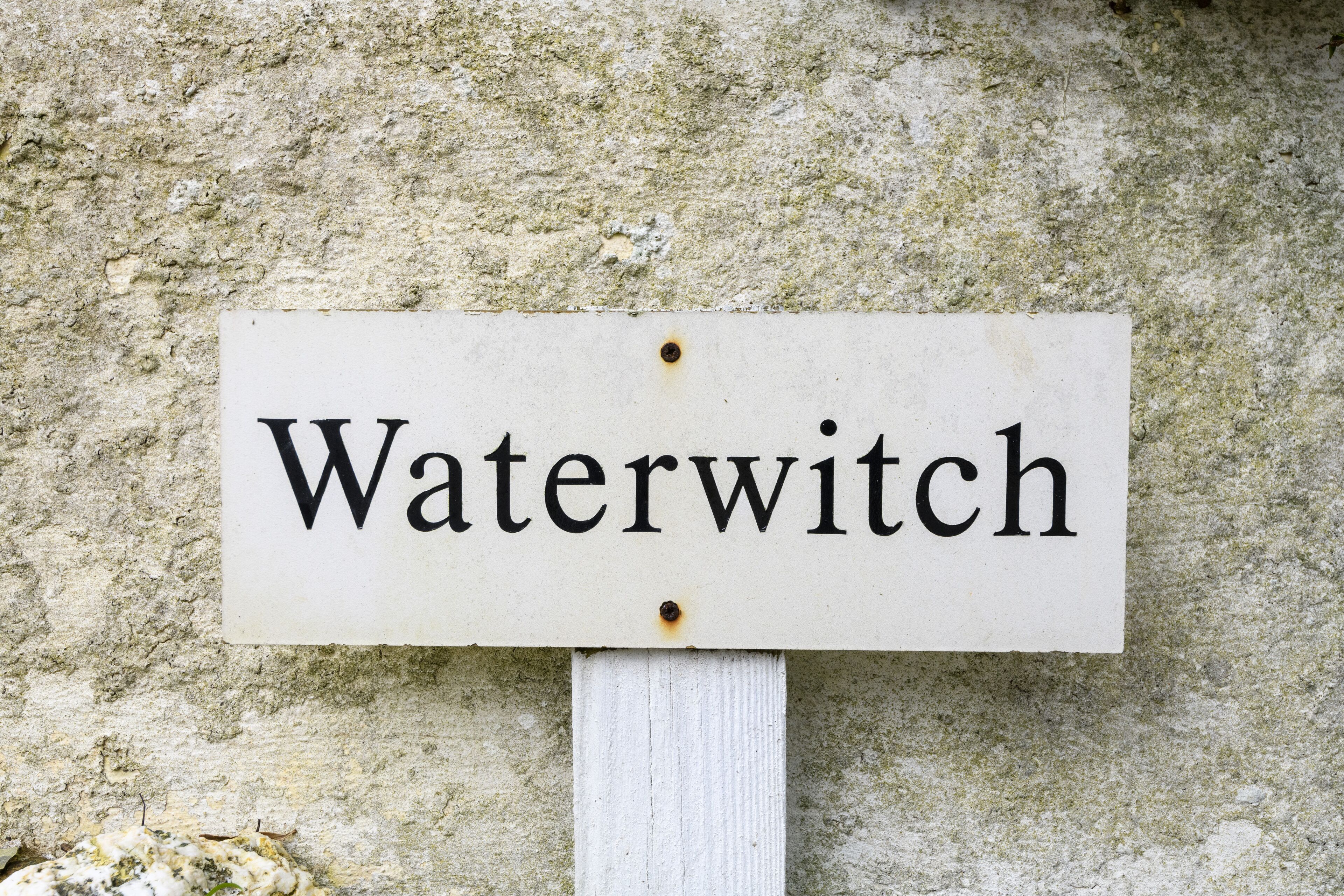 A sign with the word "Waterwitch" on a wooden post.