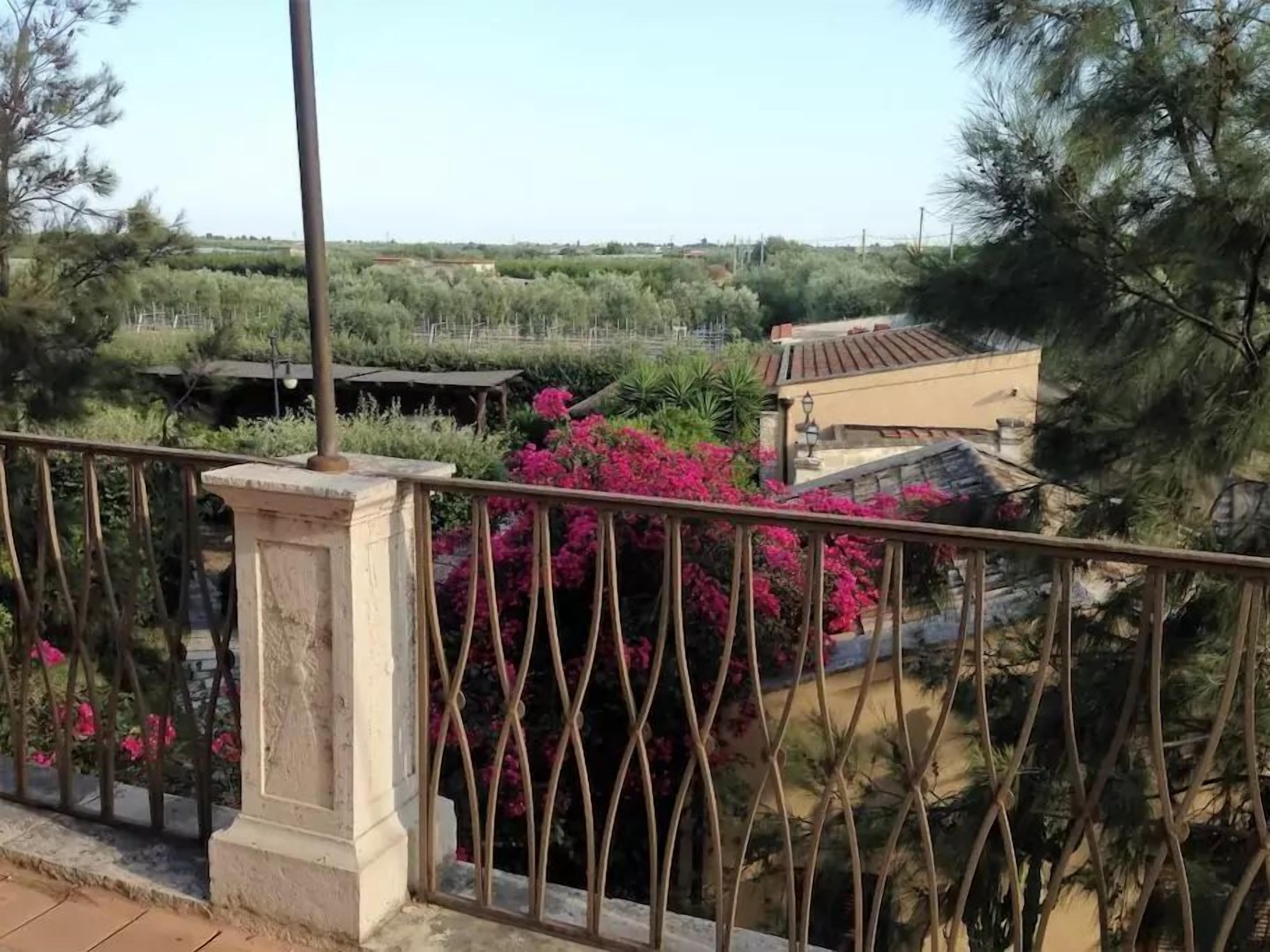 En balkon med jerngitter, der kigger ud over en have med pink bougainvillea blomster og udsigt til et boligområde med huse og træer.