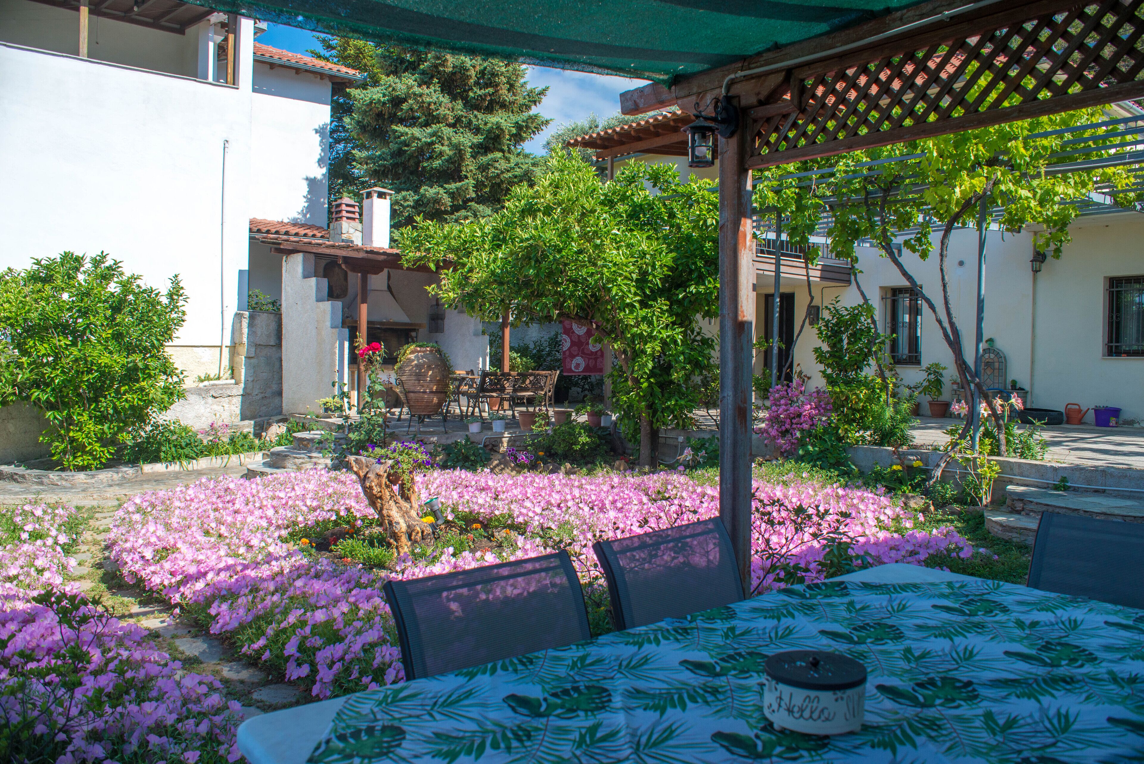 A patio with a table set for dining, surrounded by a garden with flowering plants.