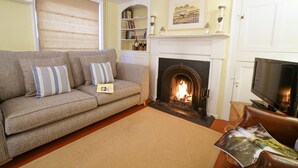Un salon avec une cheminée, un canapé, un téléviseur et une bibliothèque.