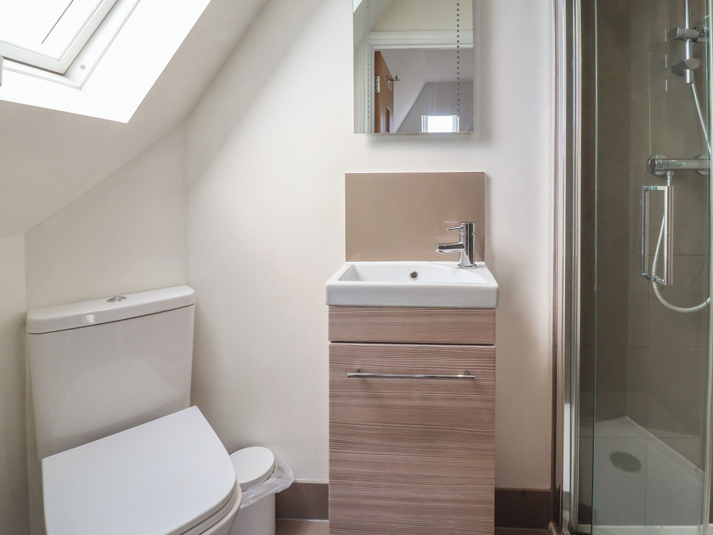 A modern bathroom with a skylight, a toilet, a sink with a mirror, and a shower.