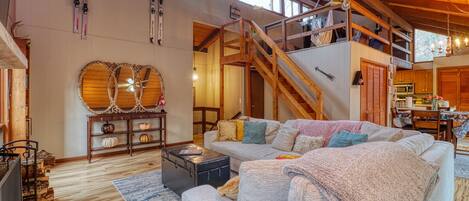 Smart TV, fireplace, table football, books