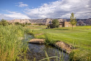 A residential area with a small stream, grassy fields, and houses with a mountain backdrop.