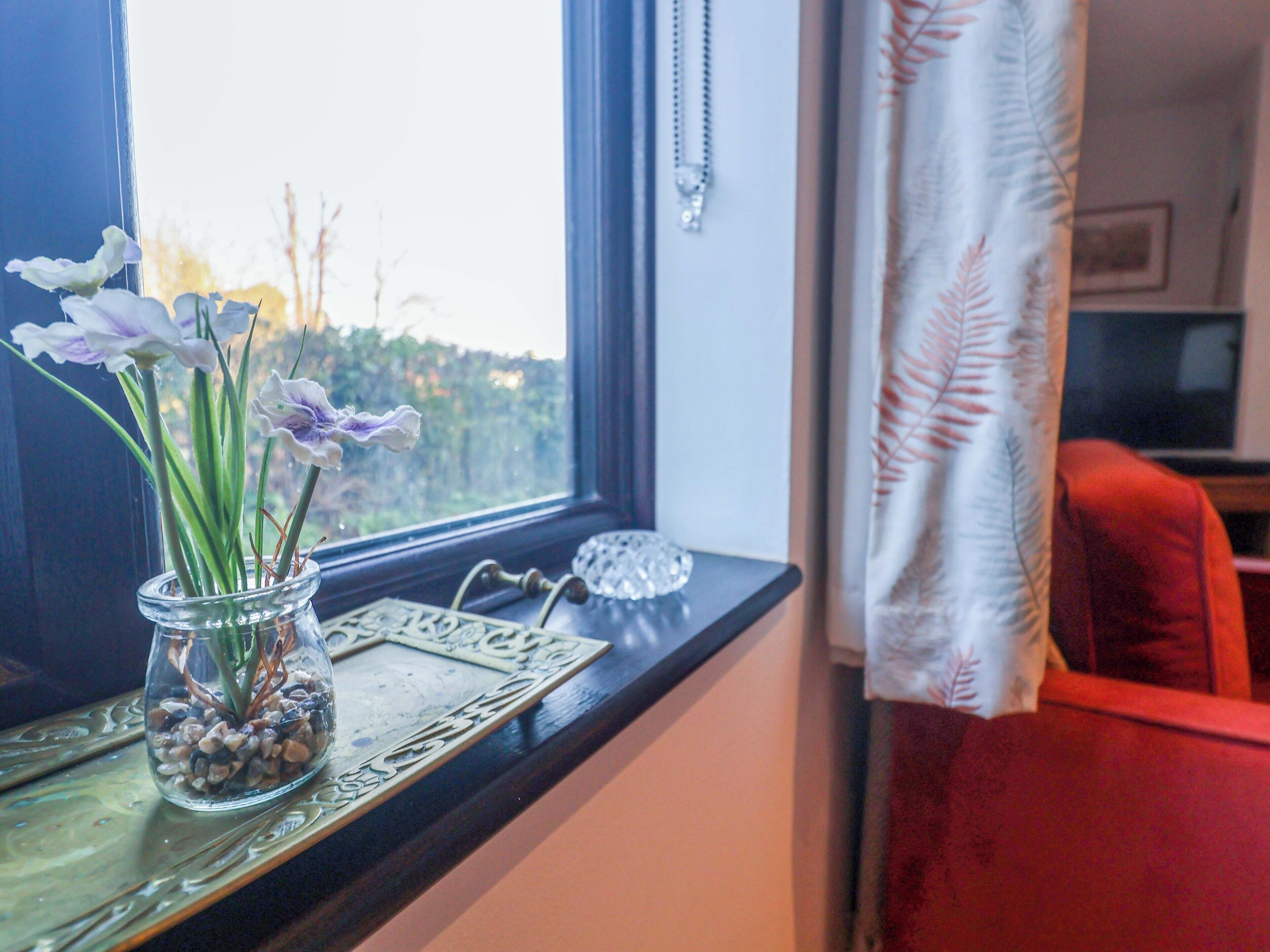 A clear view of a window with a vase of flowers on a windowsill, a decorative tray, and a red chair in the background.