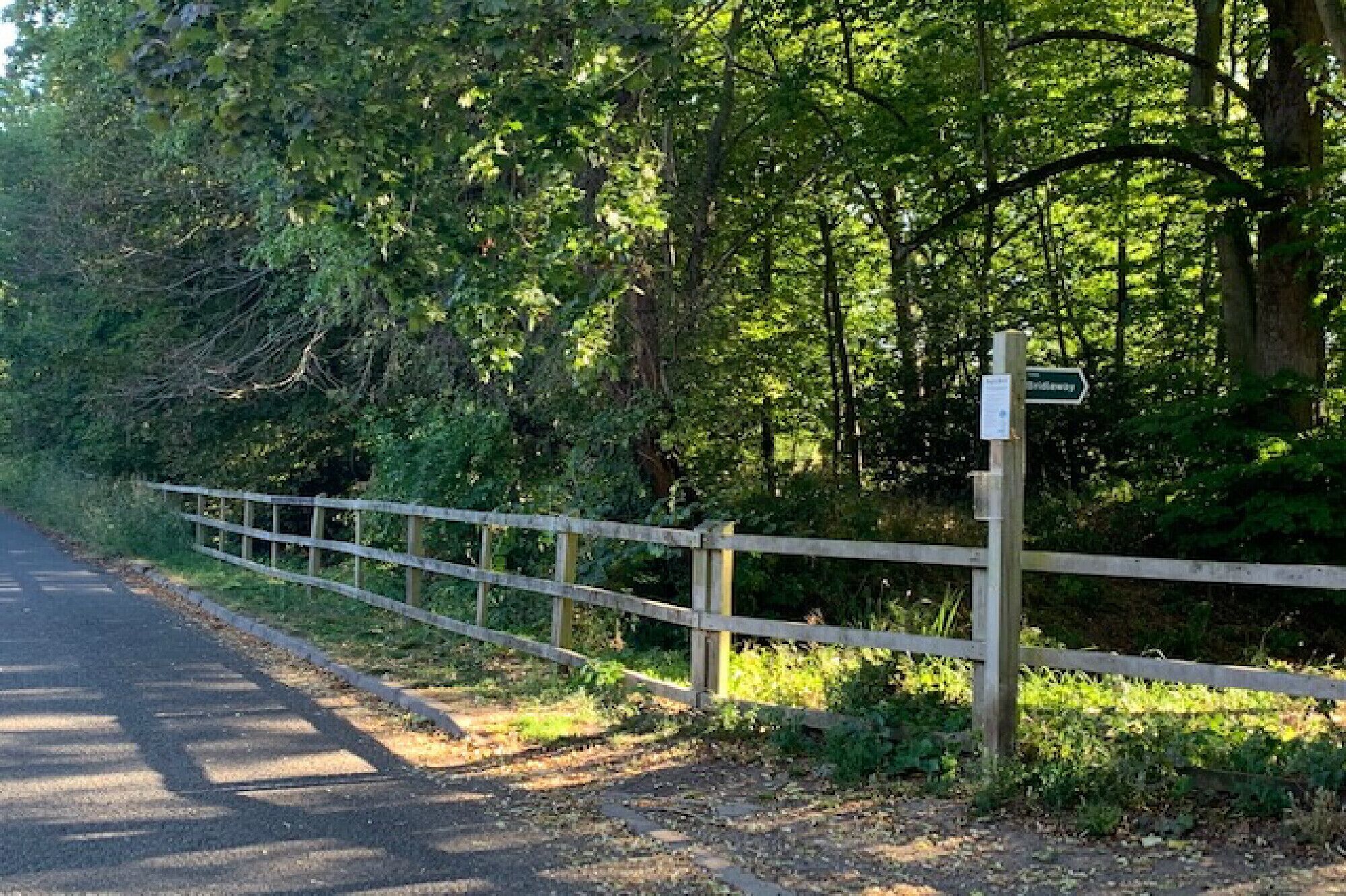 Eine Landstraße mit Holzzaun und einem Wegweiser.