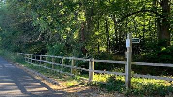 Eine Landstraße mit Holzzaun und einem Wegweiser.