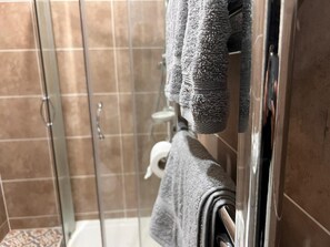 Appartement, 1 grand lit | Salle de bain | Douche, sèche-cheveux, serviettes fournies