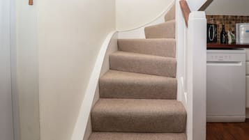 A staircase with beige carpeted steps, a wooden handrail, and a white wall.