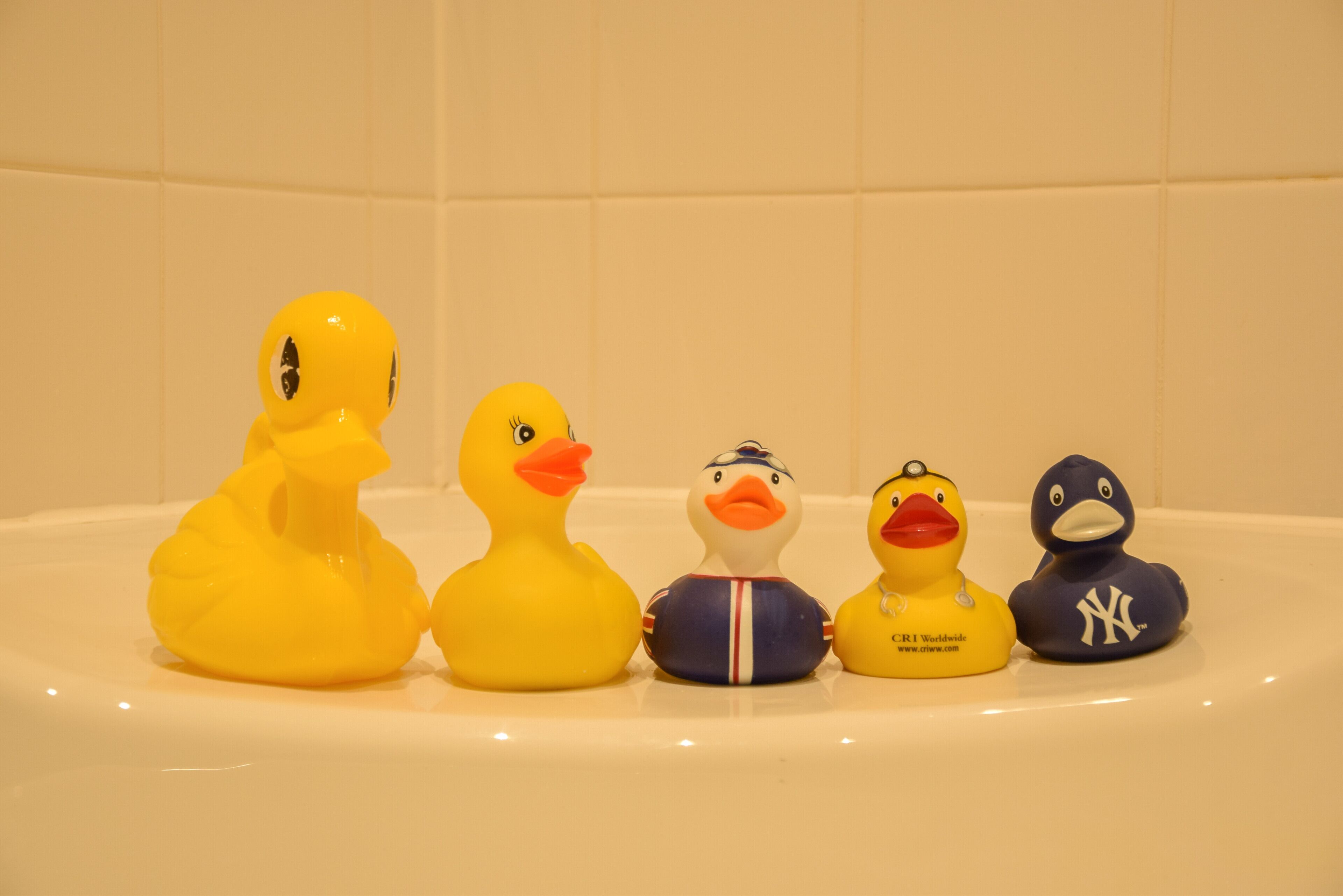 Five rubber ducks in a bathtub.