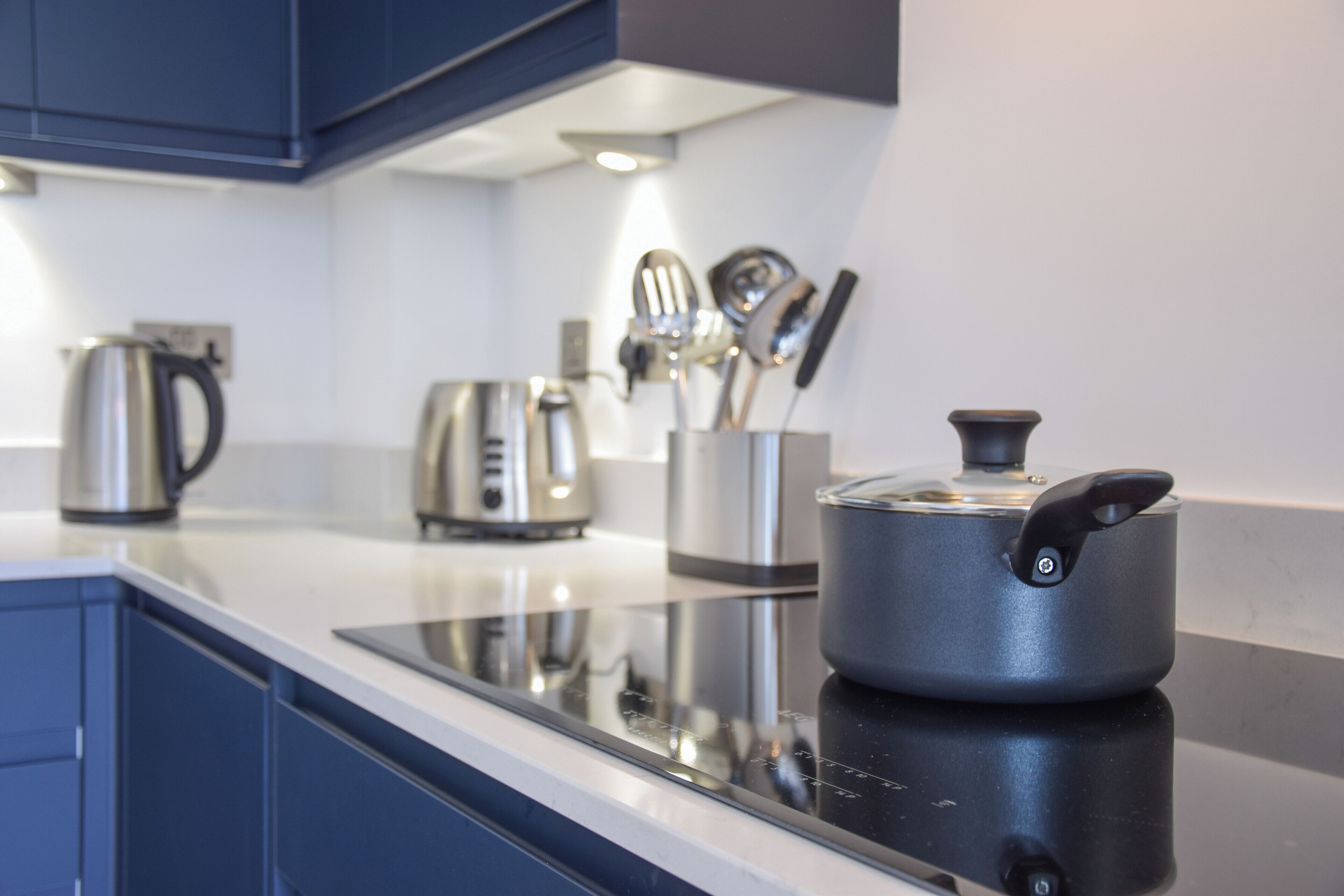 Une cuisine moderne dotée d’une plaque de cuisson à induction noire, d’appareils électroménagers en acier inoxydable et de meubles de couleur bleue.