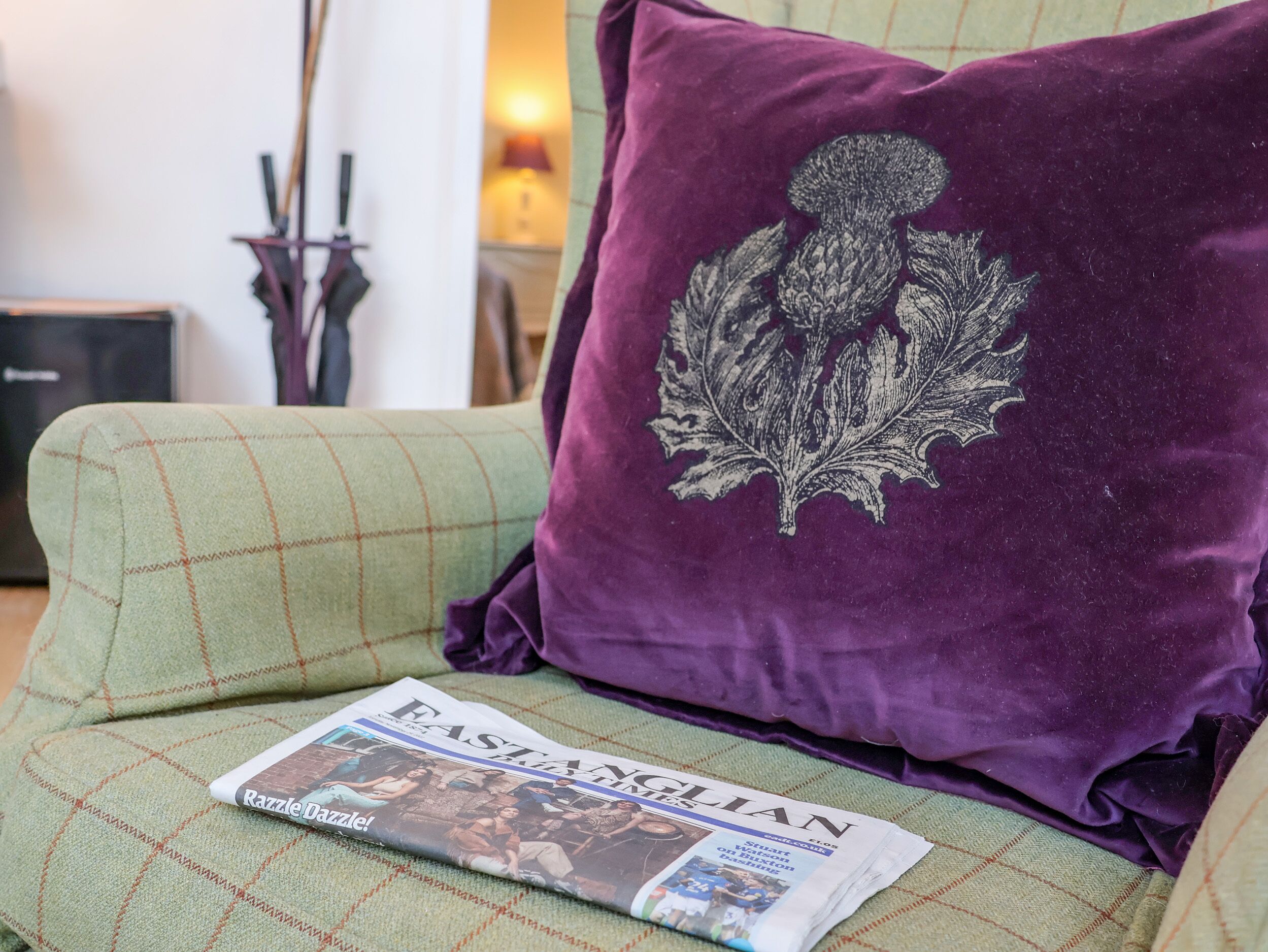 A green sofa with a purple cushion featuring an embroidered leaf design, and a newspaper titled 'The Eastern Daily Press'.