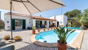 Un área de piscina con terraza de baldosas, plantas en macetas y una zona de estar cubierta.