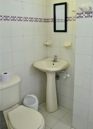 Chuveiro, toalhas de banho, sabonete, papel higiênico