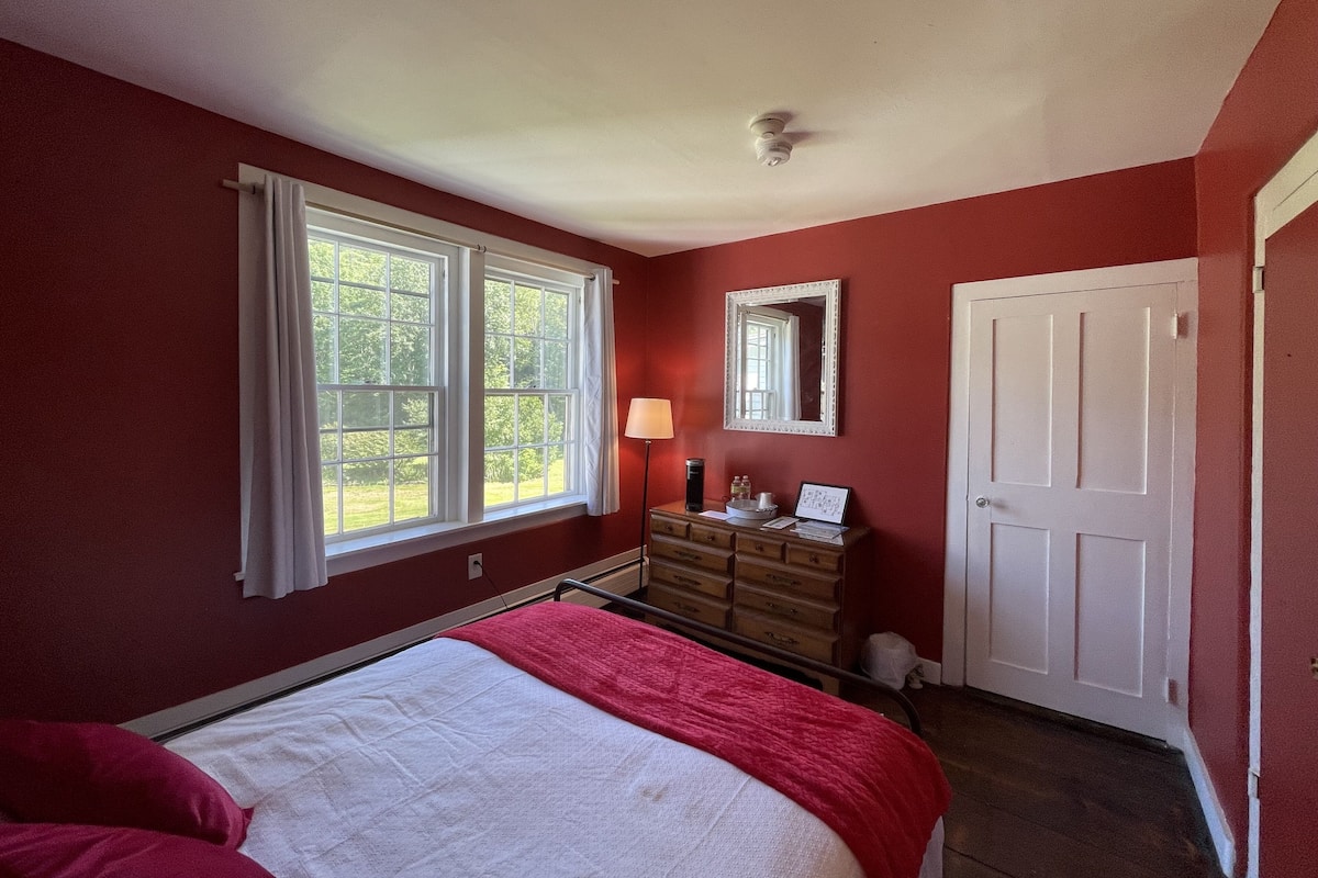 A bedroom with a bed, dresser, mirror, and window.