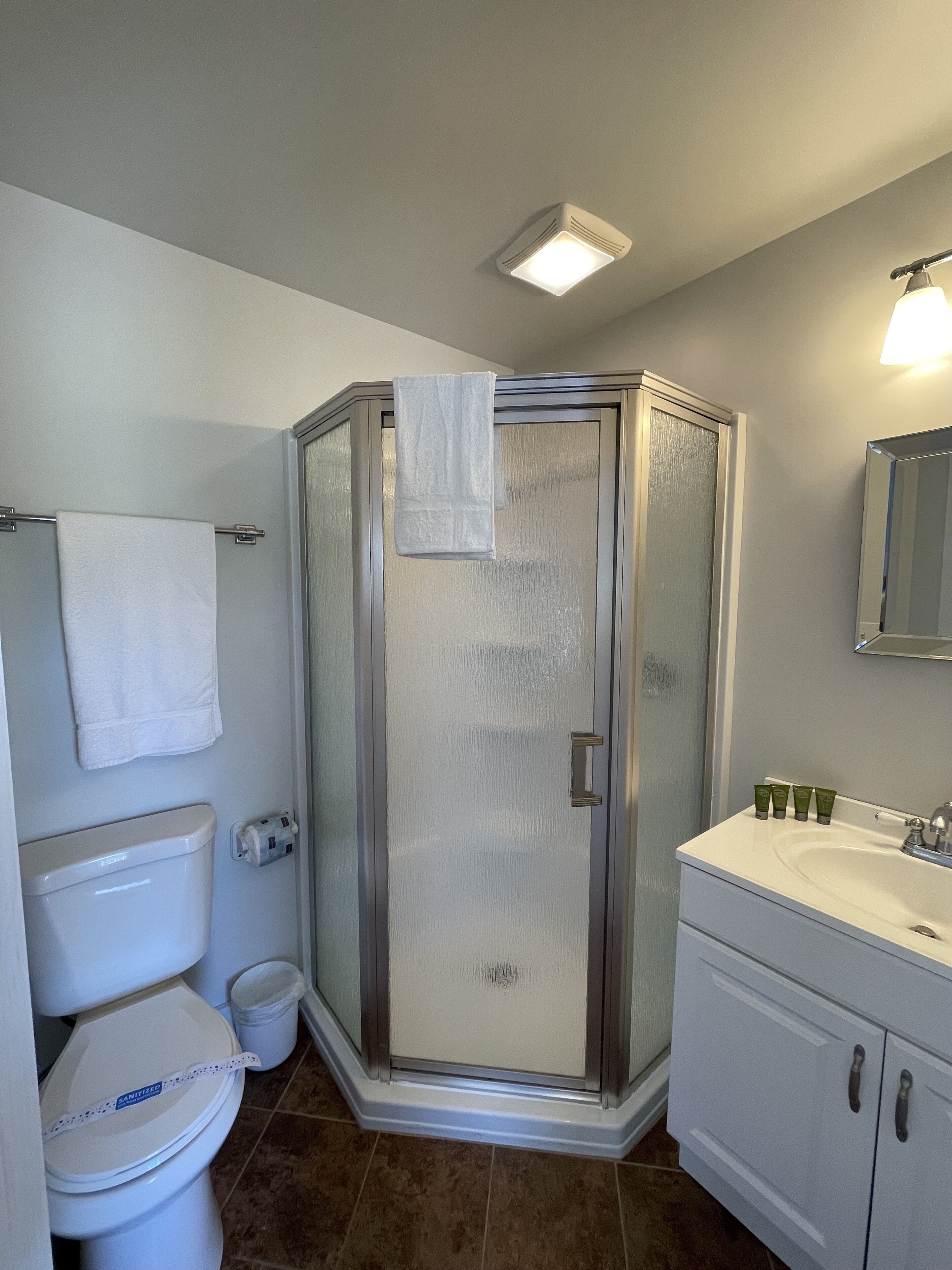 Une salle de bain avec une douche à parois de verre, des toilettes, un lavabo et un miroir.