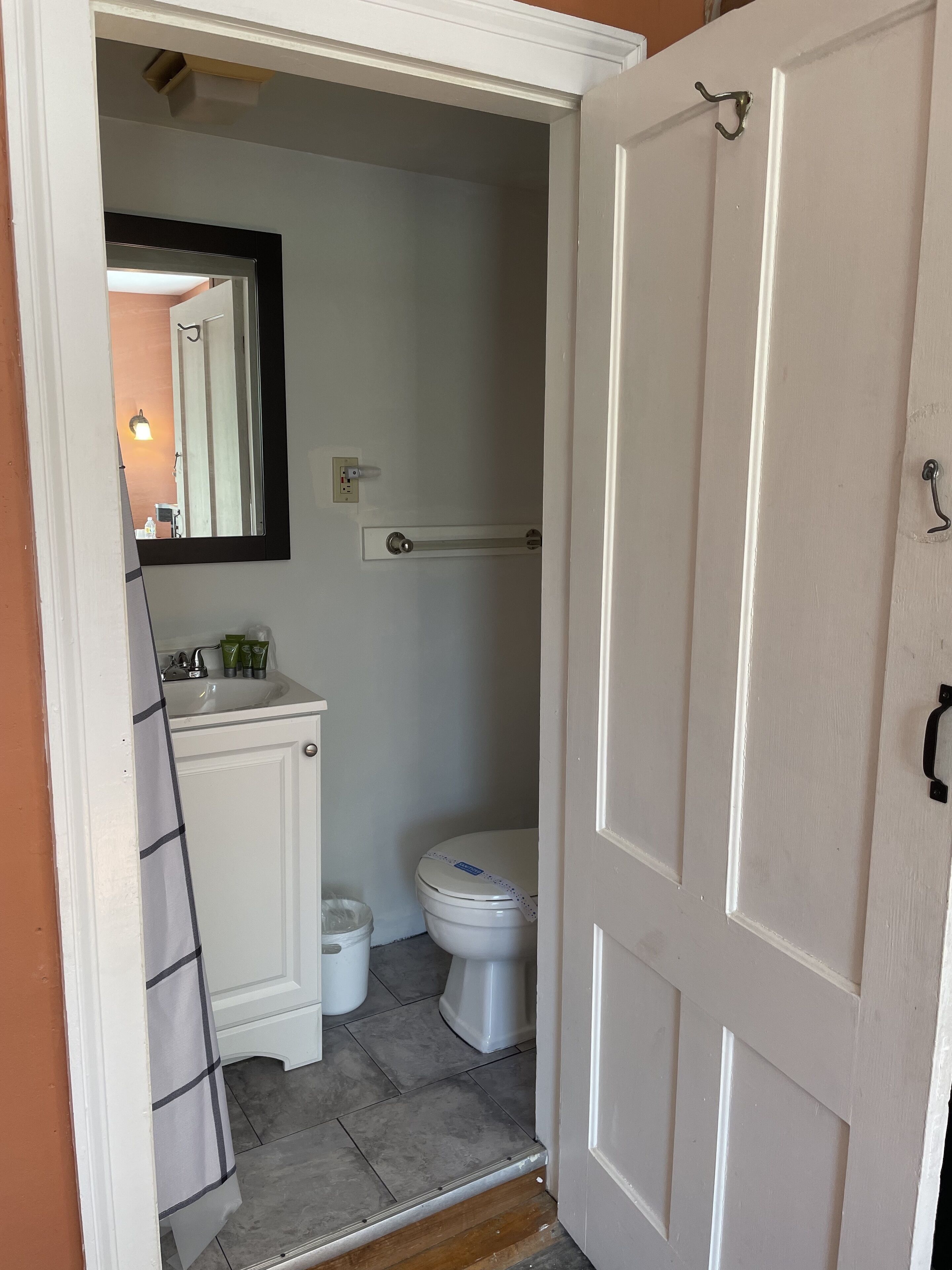 Un baño con inodoro, lavabo y espejo.