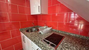 Fridge, microwave, stovetop, electric kettle