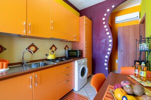 Une cuisine compacte équipée d’un lave-linge, d’un four à micro-ondes et d’un évier.