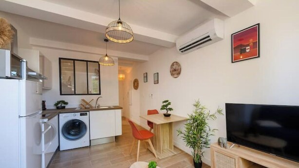 A modern apartment with a kitchen, dining area, and living room. It includes a washing machine, a dining table with chairs, a TV, and a potted plant. - Le Morgan - Magnificent city center apartment with parking space (Salon-de-Provence)