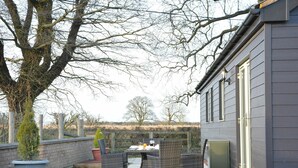 Eine Terrassesituation mit Tisch, Stühlen, einem Blumentopf und einem Gebäude mit dunkler Fassade.