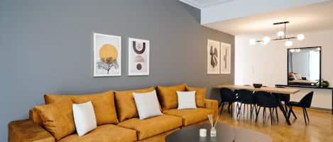 Luxury Apartment | Living area | 40-inch Smart TV with digital channels, TV, fireplace
