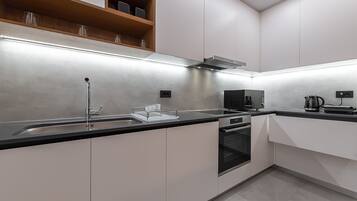 Luxury Apartment | Private kitchen | Full-sized fridge, microwave, oven, stovetop