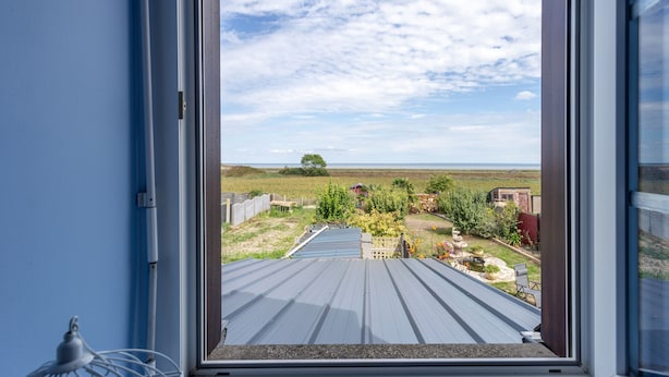 A view from a window with a metal roof, looking out to a rural landscape with fields and a distant tree.