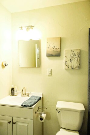 A bathroom with a sink, mirror, toilet, and two wall-mounted artworks.