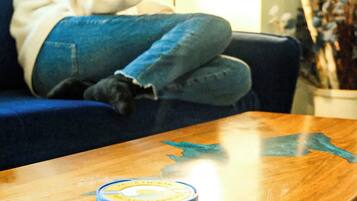 A person sitting on a blue couch holding a remote control, with a wooden coffee table in front of them.