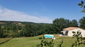 A house with a swimming pool, surrounded by a grassy lawn and trees.
