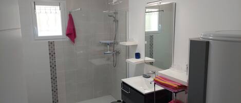 A bathroom with a shower, a sink, a mirror, and a window.