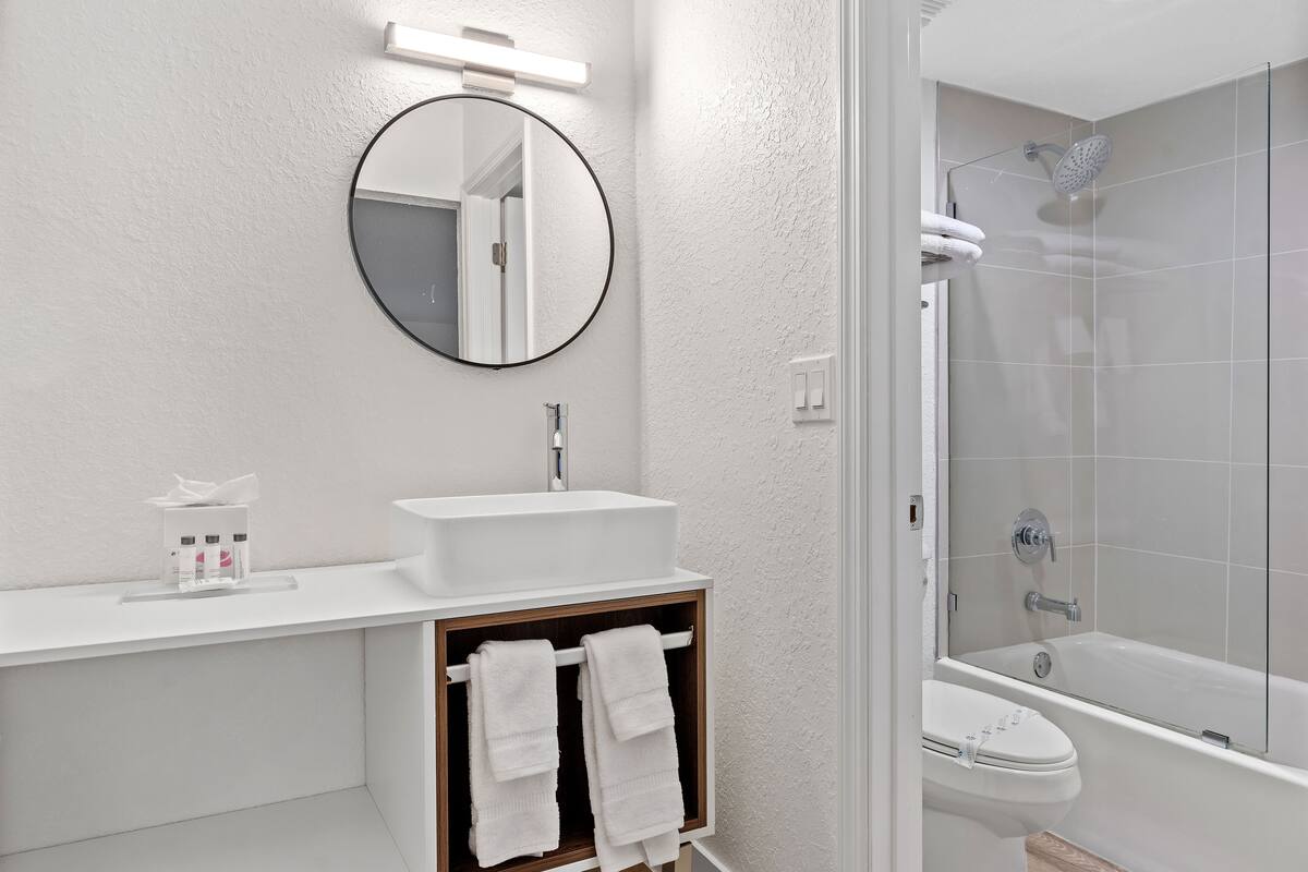 combined shower/bathtub, hair dryer, towels, soap