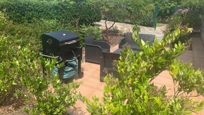 Un espace patio aménagé avec un barbecue, du mobilier d’extérieur et une végétation luxuriante tout autour.