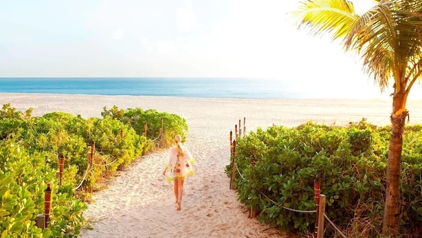 A pathway leading to a beach with a person walking towards the ocean. - Luxury Home - Jacuzzi! Mini-Golf! Ping-Pong! Pets! 2 Desks! Yoga! Beach Gear! (North Palm Beach)