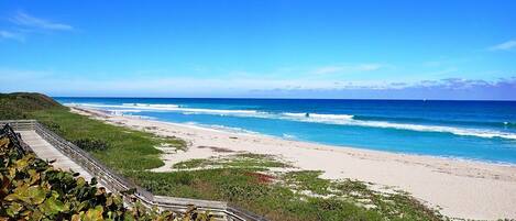 Perto da praia, espreguiçadeiras, toalhas de praia